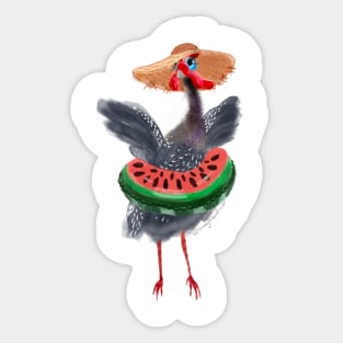 Funny guinea fowl in straw hat summer vacation Sticker